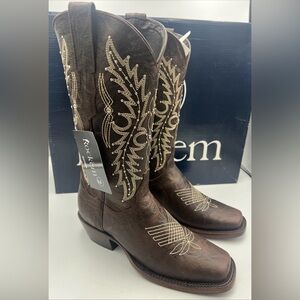 Rock’em Leather Square Toe Cowgirl Rodeo Boots Tabaco Brown Frontier  7.5 NWB